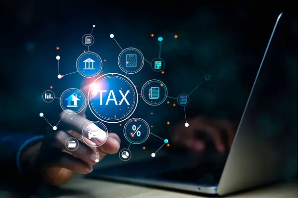income tax concept. Businessman pointing to tax icon. income tax system icon around. pay online income tax. futuristic virtual screen interface technology.