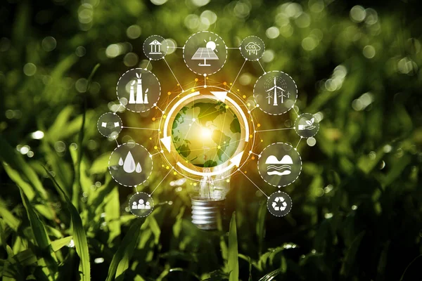 stock image eco green energy consist ,wind, solar, water, biomass, geothermal and natural gas system.Hand holding bulb with world icon. It is surrounded by clean energy icon. Net zero 2050.innovation inspiration