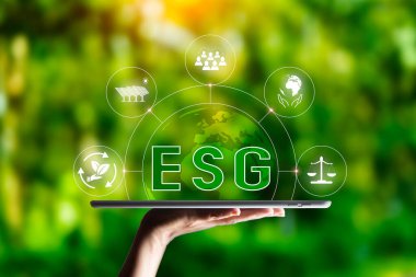 Yeşil çimen arka planında ESG simgesi var. Yeşil enerji, ekolojik dünya günü konsepti. Sabah altın ışık. Çevresindeki ikon enerjisi ve çevresel koruma. yenilenebilir enerji kaynakları.