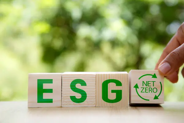 ESG icon in wood on green background. Investing in environmental, social, governance or Invest ESG in industry. ESG investment. Green renewable energy concept. Innovation technology ecology energy