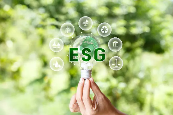 Esg in hand light bulb on green nature background green energy icon around. Investing in environmental, social, governance or Investing ESG in industry. ESG investment. Green renewable energy concept