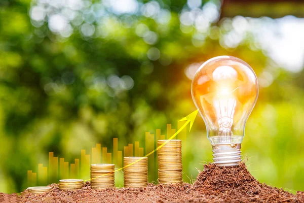 green energy concept. graph on pile of gold coins and light bulb on green nature background. Investing in the environment, society, governance, invest ESG in the industrial. Net zero emission concept