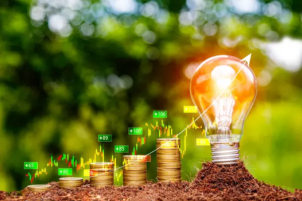 Green energy invest instead gold coins growing. light bulb on green nature background green energy icon around it. Investing in the environment, society, governance. ESG Investing in the industrial.