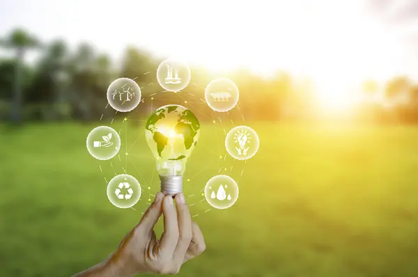 Green Energy Renewable Sustainable. world and green energy icon in light bulb on green nature background green energy icon around it. Investing in the environment, society, governance. ESG Investing.