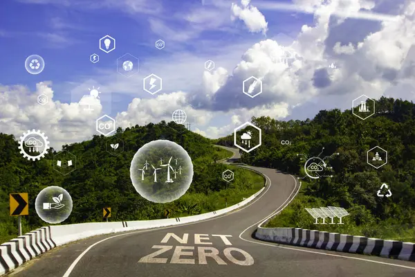 Sustainable renewable energy Road and green energy icons on green nature background. concept of going to net zero. Round green energy icons Invest in the environment, society, and good governance.