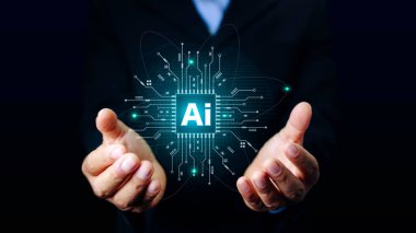 Yapay zeka konsepti. Ai simgesini küresel ağlarda tutan iş. Yapay zeka ve küresel bilgi değişim teknolojisi iş dünyasının gelecekteki dijital dünyası için gereklidir..