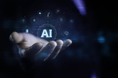 Ai Tech, Arama Motoru optimizasyon-SEO konsepti. İş adamı yapay zekayla sanal küresel internet ağları gösteriyor. Fütürist sanal ekranda web 3.0 için Ai veri analizi ve Yönetim Sistemi.