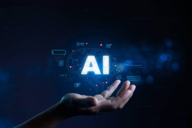 Ai Tech, Ai data analizi ve gelecek sanal ekranda web 3.0 için Yönetim Sistemi. Arama motoru optimizasyon-SEO kavramı. İş adamı AI ile Sanal Küresel İnternet Ağlarını Göster