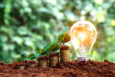 Yeşil enerji yerine altın sikkeler büyüyor. Çevresindeki yeşil doğa arka plan yeşil enerji ikonu üzerindeki ampul. Çevreye, topluma, yönetime yatırım. ESG Endüstriye Yatırım.