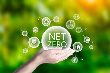 2050 yılında net sıfır, çevreci, sosyal, sürdürülebilir ve etik için ESG eko kavramı, yeşil doğada net sıfır ikonu yeşil çimen arka planında temiz enerji ikonu.