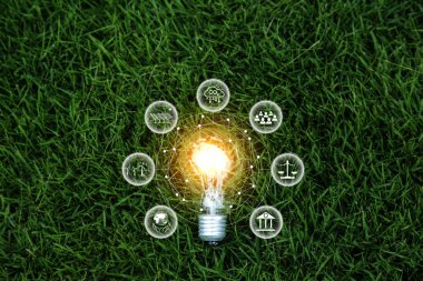 Yeşil enerji, karbon kredi piyasası konsepti. Yeşil doğa arka planında bir ampul. Endüstride karbon nötr. Ağ sıfır emisyon eko enerjisi. Yenilenebilir Enerji. Çevre koruma, sürdürülebilir.