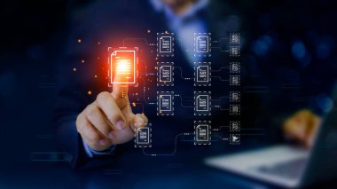 Networks web 3.0 için Veri Analizi ve Belge Yönetim Sistemi (DMS) Futuristik Sanal Ekran Arayüzü Teknolojisi hakkında. Şirket dosya bilgilerini arşivlemek, aramak ve yönetmek için yazılım.