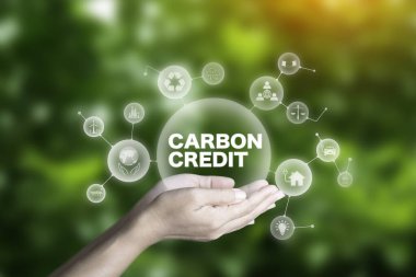 Karbon kredi piyasası konsepti. Elimde karbon kredi simgesi var. 2050 'de sıfır karbon. Çevresinde yeşil enerji simgesi var. Karbon Nötr Endüstri Ağı sıfır emisyon enerjisi. Karbon küresel ısınmayı etkiliyor.