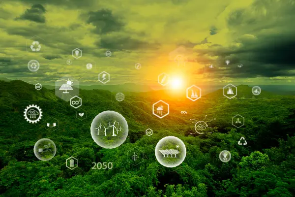 2050 'de net sıfır, ESG eko kavramı. Çevreye, topluma ve yönetime net sıfır yuvarlak yeşil enerji ikonuna ulaşma kavramı. Sektör sıfır 'da karbondioksit emisyonu.