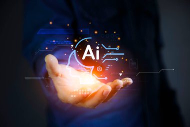 Yapay zeka teknolojisi analiz konsepti, yapay zeka ikon ağını işaret ediyor. Veri analizi ve yönetim için yapay zeka kullanılarak Veri analizi öğrenen yapay zeka.