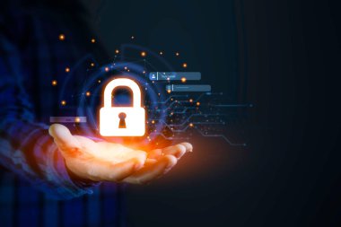 İnternet ağındaki bilgiyi korumak için siber güvenlik ve mahremiyet. Verileri ve internet ağ güvenlik teknolojisini korumak için simgeyi hazır tutun. Gelecekçi sanal ekran arayüzü teknolojisi.
