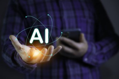 Yapay zeka teknolojisi analiz konsepti, yapay zeka ikon ağını işaret ediyor. Yapay zeka teknolojisi dünyayı geliştirmek için önemlidir. Yapay zeka kullanan veri analizi gereklidir. Al büyük veri analizi.