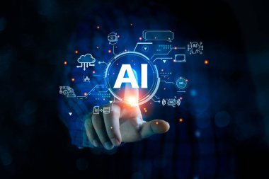 Yapay zeka (yapay zeka) veri analiz konsepti, yapay zeka simgesini işaret eden el. Otomatik kontrol teknolojisi. Veri analizi ve yönetimi için yapay zeka teknolojisi makinesi öğrenmesi.