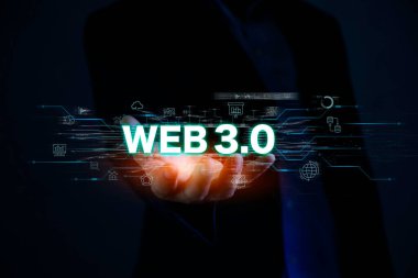 Merkezi olmayan teknoloji ağı Web 3.0 konsepti, önemli altyapı, Blockchain, Metaverse, Cutting-Edge Technology, elle dokunulan web 3.0 Simgesi.