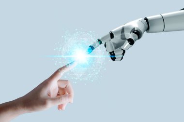 Yapay Zeka, Makine Öğrenme, Robot El ve Veri Analizi ve Yönetim için İnsan Dokunma Ağı. Yapay zeka makinesinin dil öğrenmesiyle. Teknoloji çok önemli..