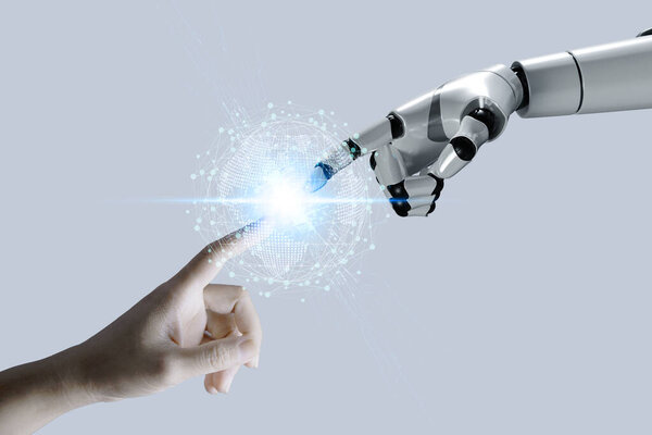 AI, Machine learning, Robot hand and human touching  data network for data analysis and management. With artificial intelligence machine learning language. technology is essential.