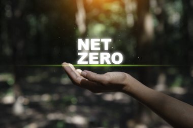 Net Sıfır Karbon Emisyonu ikonu, 2050 yılında yeşil doğa arka planı, İnovasyon İlham Kavramı, Net sıfır emisyon Fikri yenilikçi karbon tarafsızlığı. Yeşil Arkaplan