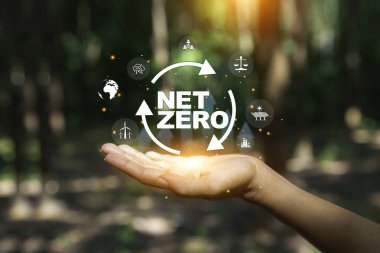 Net Sıfır Karbon Emisyonu ikonu, 2050 yılında yeşil doğa arka planı, İnovasyon İlham Kavramı, Net sıfır emisyon Fikri yenilikçi karbon tarafsızlığı. Yeşil Arkaplan