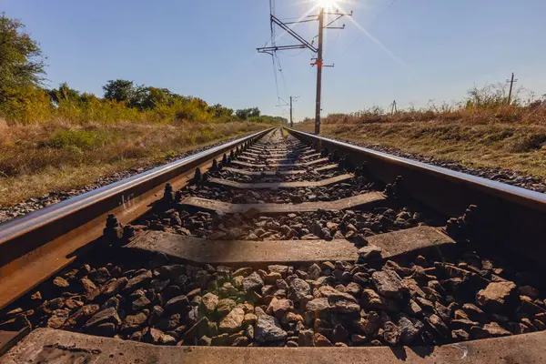 Akşamları doğanın ortasında, arka planda güneş ışığı olan raylar.