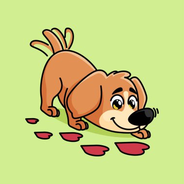 Sevimli çizgi film köpek maskotu aşk işareti kokluyor. Sevimli çizgi film maskotu çizimi.