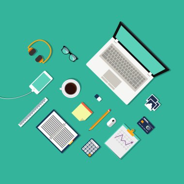 Bilgisayar masası ve meşgul ögesi düzlüğü, eps vektör biçiminin üst görünümü