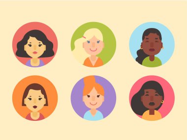 Farklı kadınlardan oluşan avatarlar, düz stil vektör çizimi