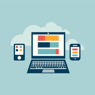 Mobil uygulama ve akıllı telefon vektör illüstrasyon tasarımlı bir dizüstü bilgisayar gibi bulut aygıtları