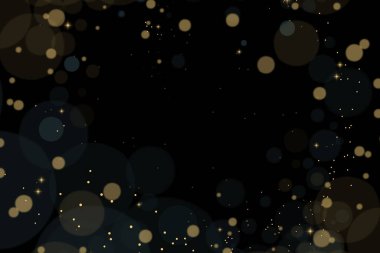 Soyut altın konfeti, siyah arka planda şenlikli altın parıltısı şablonu, vektör illüstrasyonu