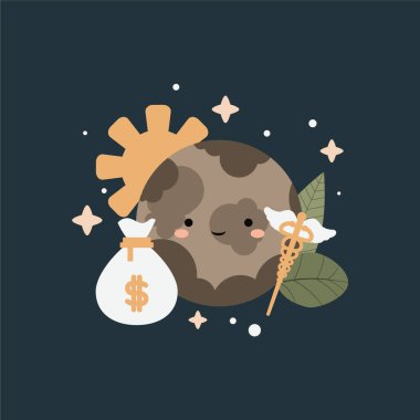Cıvalı, sevimli kawaii gezegeni çizimi. Tanrı amblemleri var. İlaç ve esrar parası gibi.