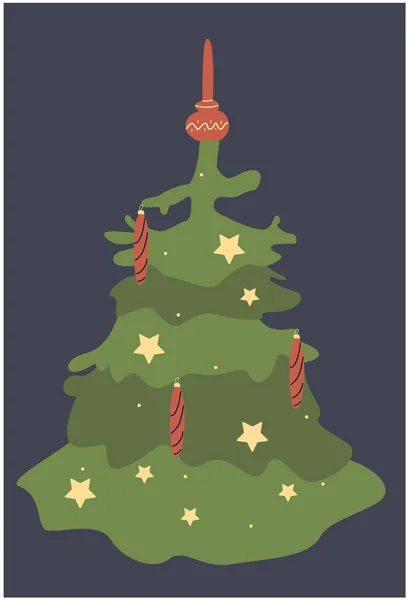 Weihnachtsbaum Mit Dekoration Spielzeug Und Weihnachtsbeleuchtung Flache Bauweise — Stockvektor