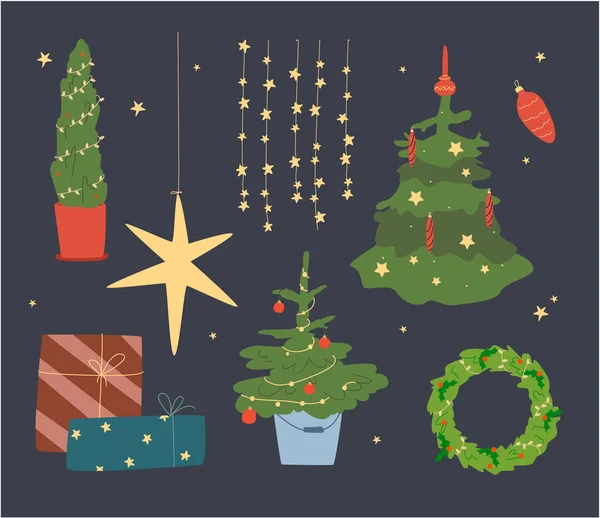 Рождественские Элементы Открытки Приглашения Новогоднее Дерево Украшение Рождеству Подарочные Коробки — стоковый вектор