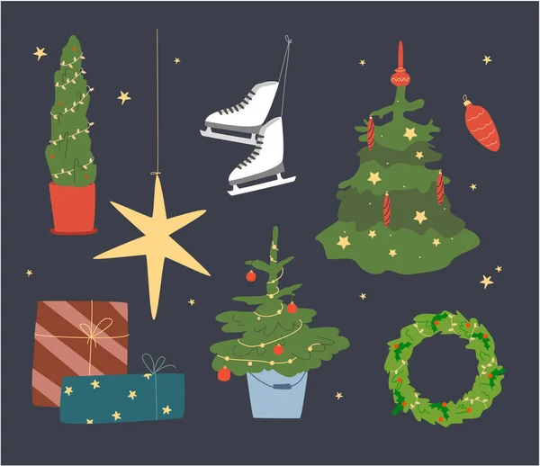 Éléments Noël Pour Carte Postale Invitation Arbre Noël Décoration Noël — Image vectorielle