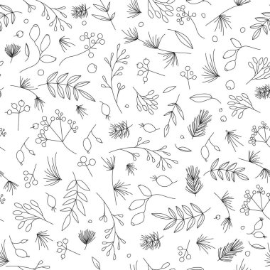 Noeller ve yeni yıl kutlamaları için kusursuz çiçek desenleri. Çizgili bitki ve böğürtlen içerikli pürüzsüz kağıt dokusu. Kış haritalama