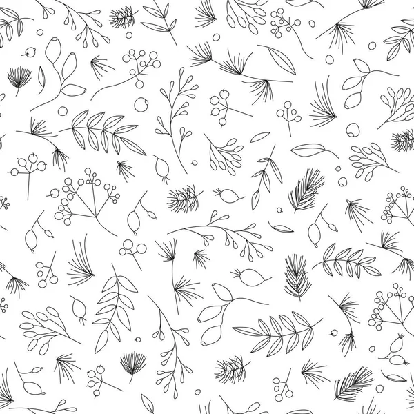 Seamless floral pattern for Xmas and new year celebration. Seamless paper texture with outline plants and berries elements. Winter mapping