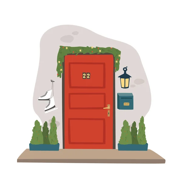 Mas Διακοσμημένο Σπίτι Μπροστινή Πόρτα Χριστουγεννιάτικο Δέντρο Στην Πόρτα Του — Διανυσματικό Αρχείο