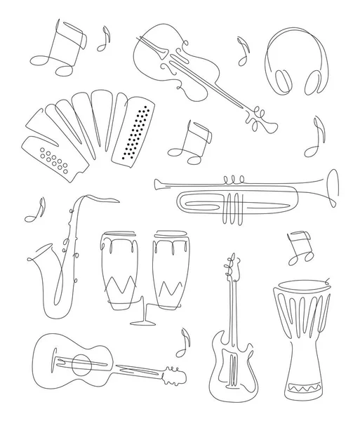 Hudební Nástroje Jeden Řádek Set Ilustrace Poznámkami Jazz Rock Music — Stockový vektor