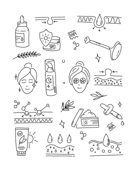 Aging Hautbehandlung Icons Set Doodle Kollektion Gesicht Und Schönheit Hautpflege — Stockvektor