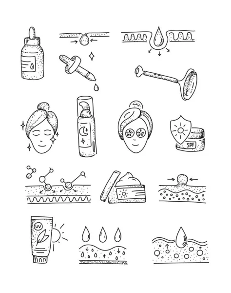 Icônes Pour Les Soins Peau Collection Doodle Visage Beauté Traitement — Image vectorielle