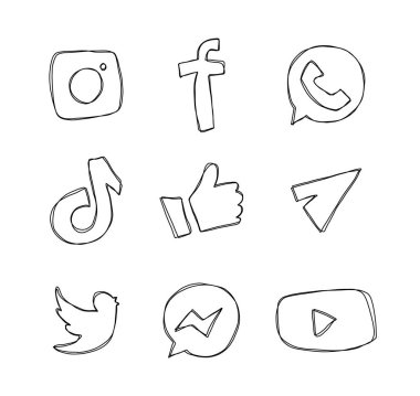 Beyaz arka planda sosyal medya simgeleri. Karalama tarzında logolar