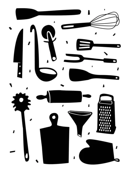 Siluette Mutfak Ekipmanları Koleksiyonu Mutfak Aletleri Taslak Stili Çatal Bıçak — Stok Vektör