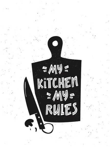 Cutting Board Quote Kitchen Rules Hand Drawn Lettering Print Sticker — Stock Vector