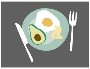 Bu düz tasarım illüstrasyonunda sağlıklı düşük karbonhidrat diyetinin özü. Yumurta, peynir ve avokado ile süslenmiş bir tabak lezzetli ve besleyici bir keto yemeği sunar.