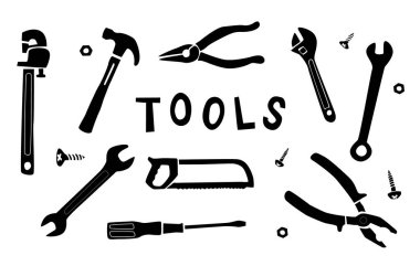 Karalama tarzında ayarlanmış bir el arabası. Çekiç, tornavida, balta, testere ve matkap gibi onarım için farklı aletlerin el çizimleri.