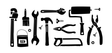 Karalama tarzında ayarlanmış bir el arabası. Çekiç, tornavida, balta, testere ve matkap gibi onarım için farklı aletlerin el çizimleri.