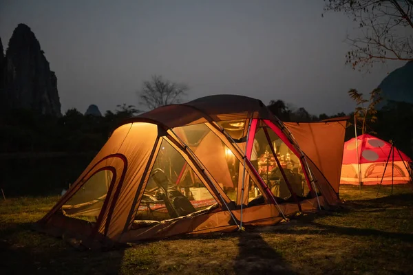Tent camping site in the night at Vientiane, Laos